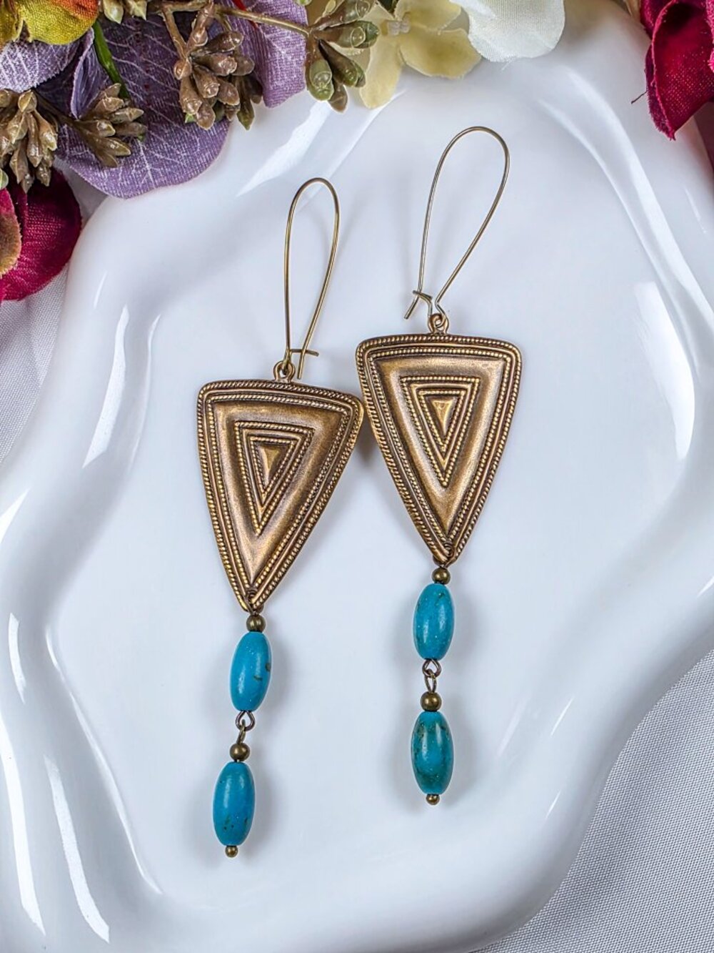 Turquoise Drop Earrings, Antique Brass Geometric Triangle Earrings